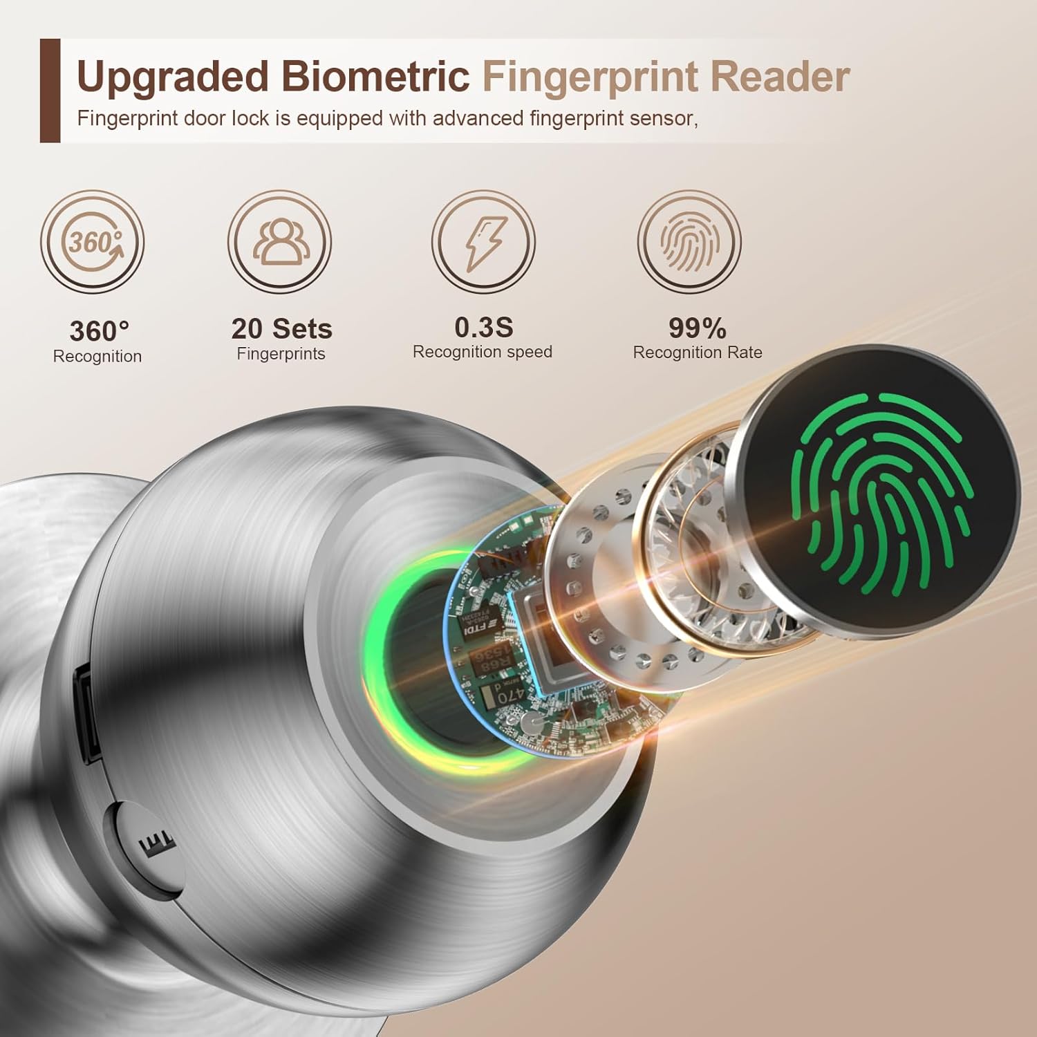 Smart Fingerprint Door Lock with App Control - Biometric Security Lock for Bedroom, Apartments, Offices, Hotels - Silver Smart Door Knob