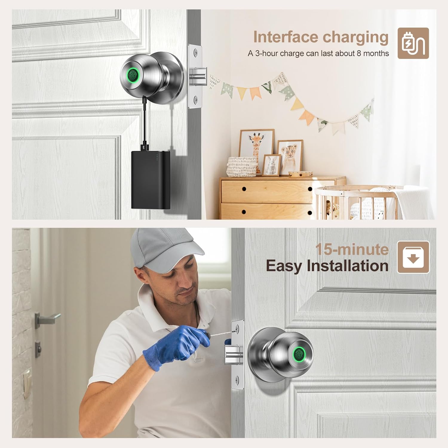 Smart Fingerprint Door Lock with App Control - Biometric Security Lock for Bedroom, Apartments, Offices, Hotels - Silver Smart Door Knob