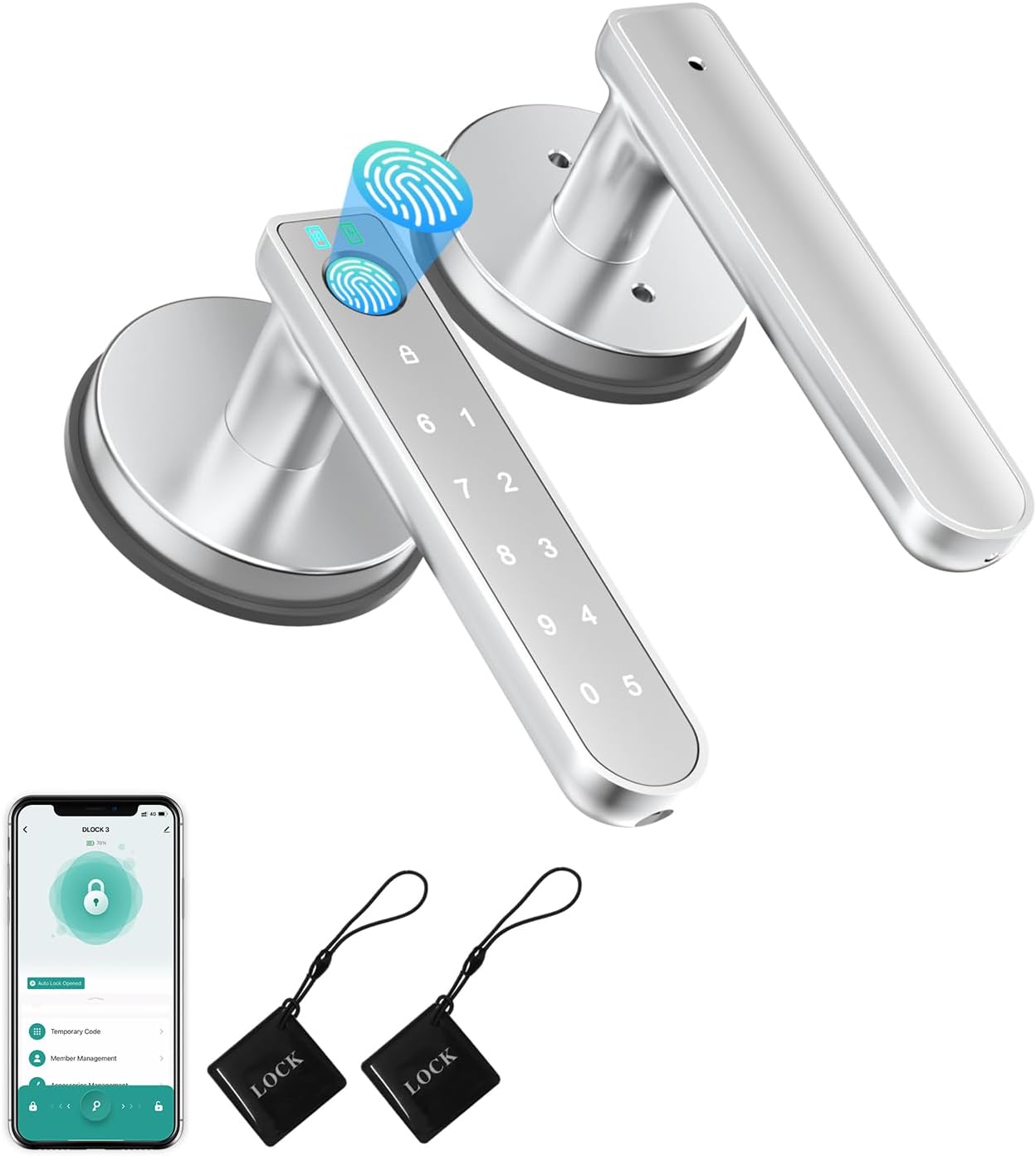 Smart Fingerprint Door Lock with App Control - Keyless Entry Biometric Door Knob for Home Office Apartment - Silver