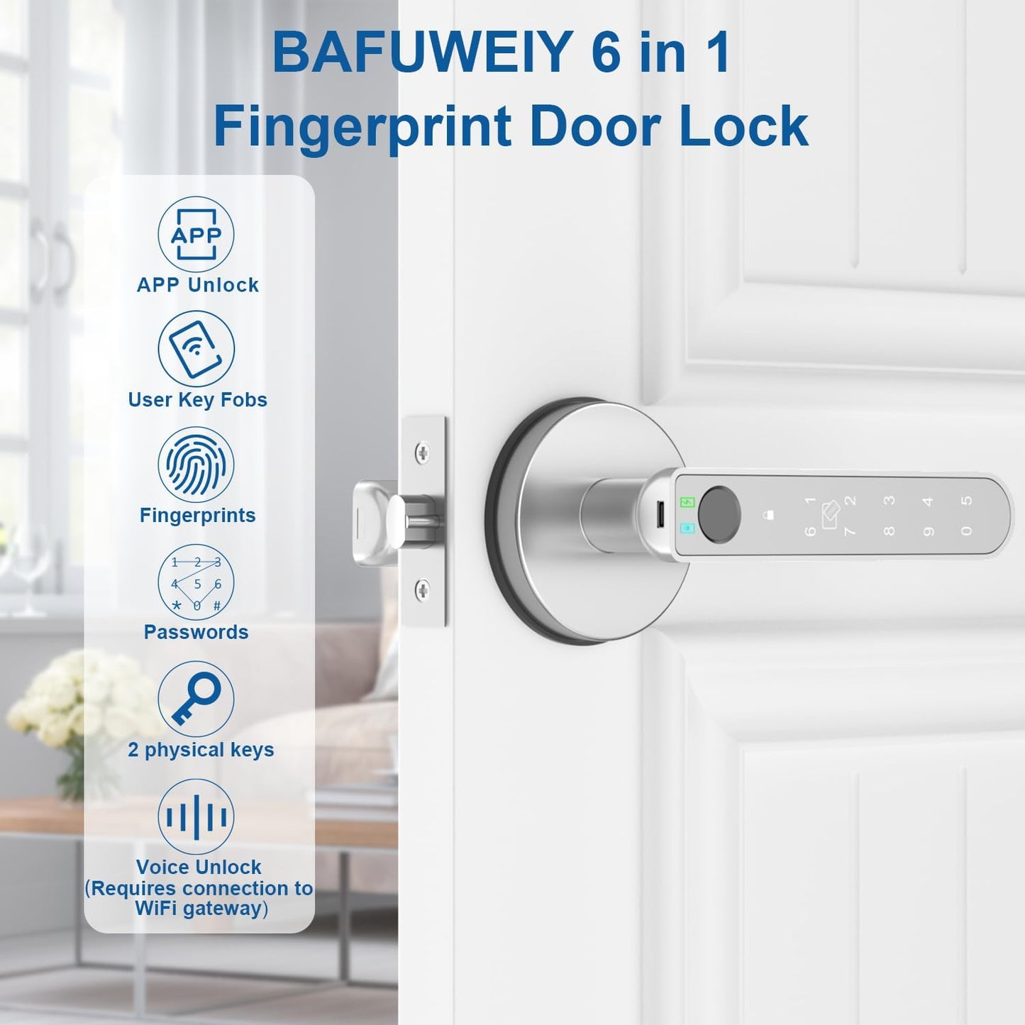 Smart Fingerprint Door Lock with App Control - Keyless Entry Biometric Door Knob for Home Office Apartment - Silver