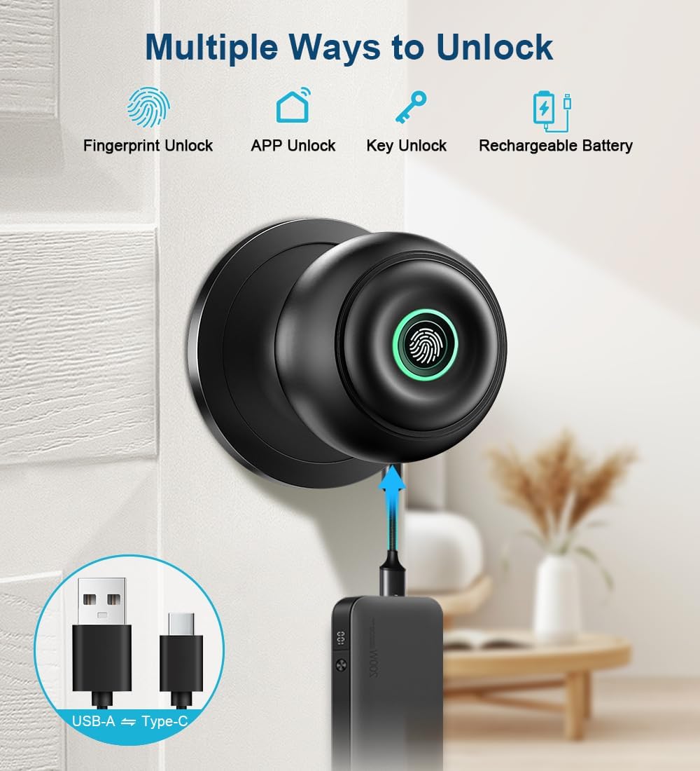 Smart Fingerprint Door Lock with App Control & Key - Keyless Biometric Entry for Bedroom, Front Door, Home or Office - Matte Black