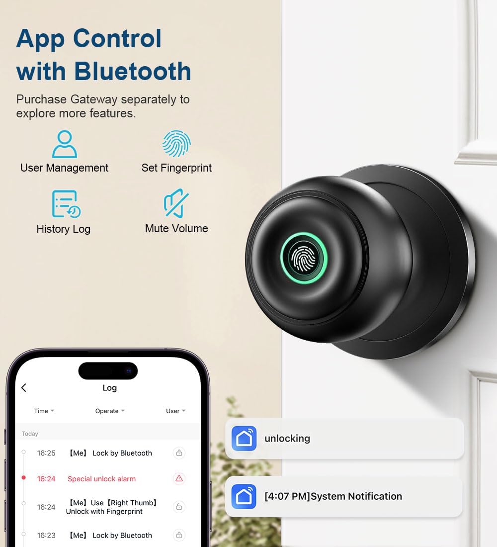 Smart Fingerprint Door Lock with App Control & Key - Keyless Biometric Entry for Bedroom, Front Door, Home or Office - Matte Black