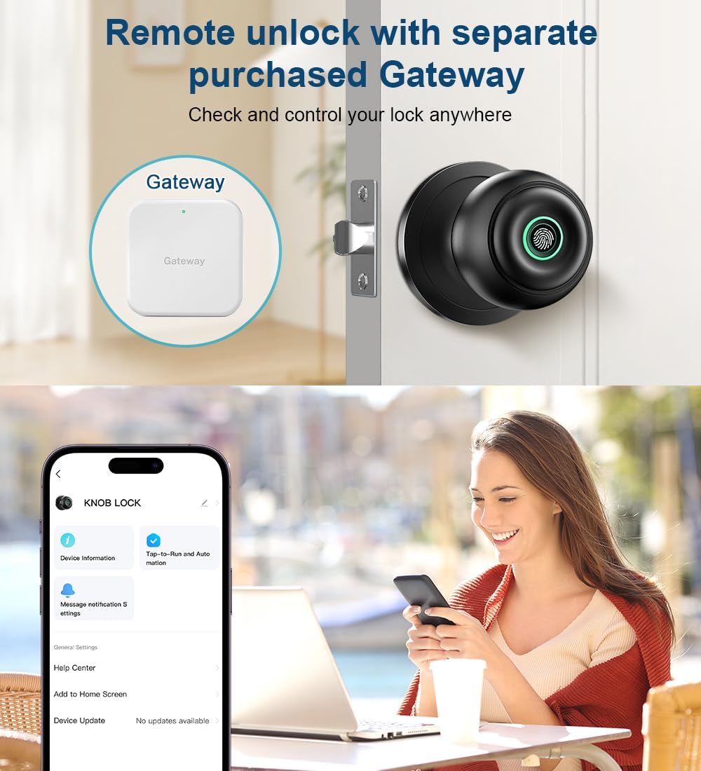 Smart Fingerprint Door Lock with App Control & Key - Keyless Biometric Entry for Bedroom, Front Door, Home or Office - Matte Black