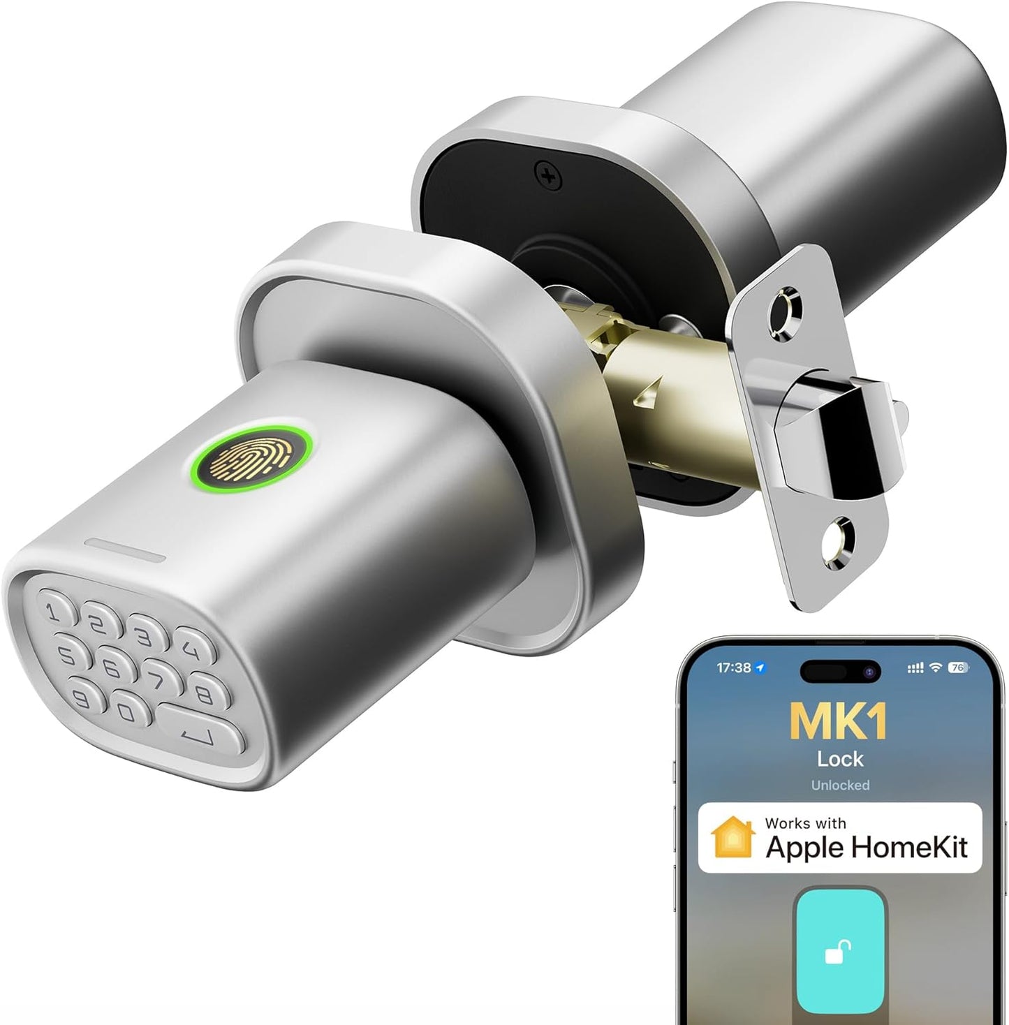 Smart Fingerprint Door Lock with Keypad Knob, HomeKit Compatible, Silver Finish - Ideal for Interior Doors, Bedrooms, Offices