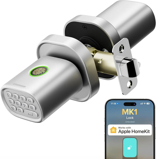 Smart Fingerprint Door Lock with Keypad Knob, HomeKit Compatible, Silver Finish - Ideal for Interior Doors, Bedrooms, Offices