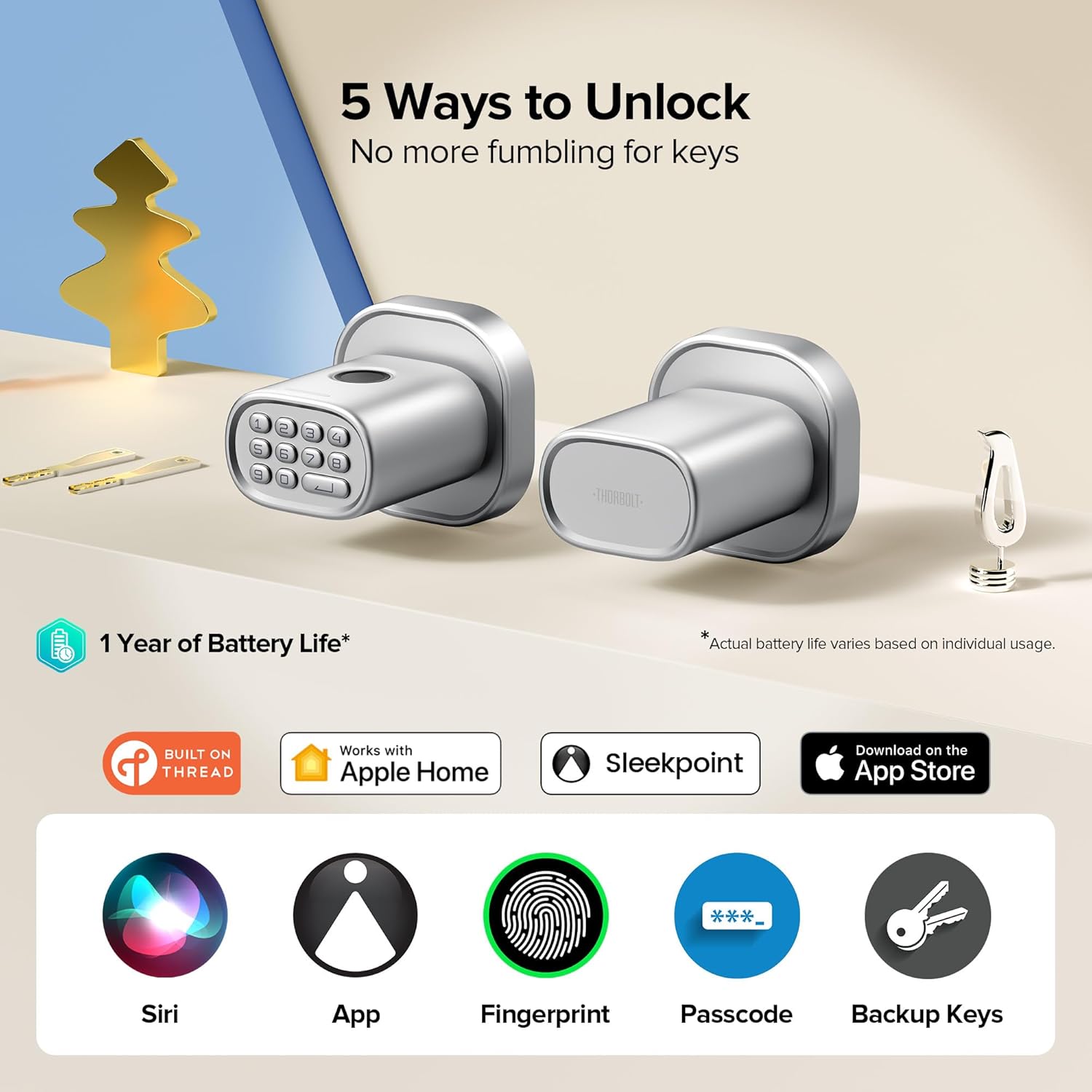 Smart Fingerprint Door Lock with Keypad Knob, HomeKit Compatible, Silver Finish - Ideal for Interior Doors, Bedrooms, Offices