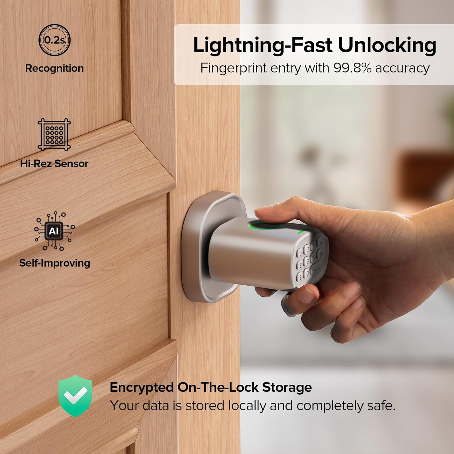 Smart Fingerprint Door Lock with Keypad Knob, HomeKit Compatible, Silver Finish - Ideal for Interior Doors, Bedrooms, Offices