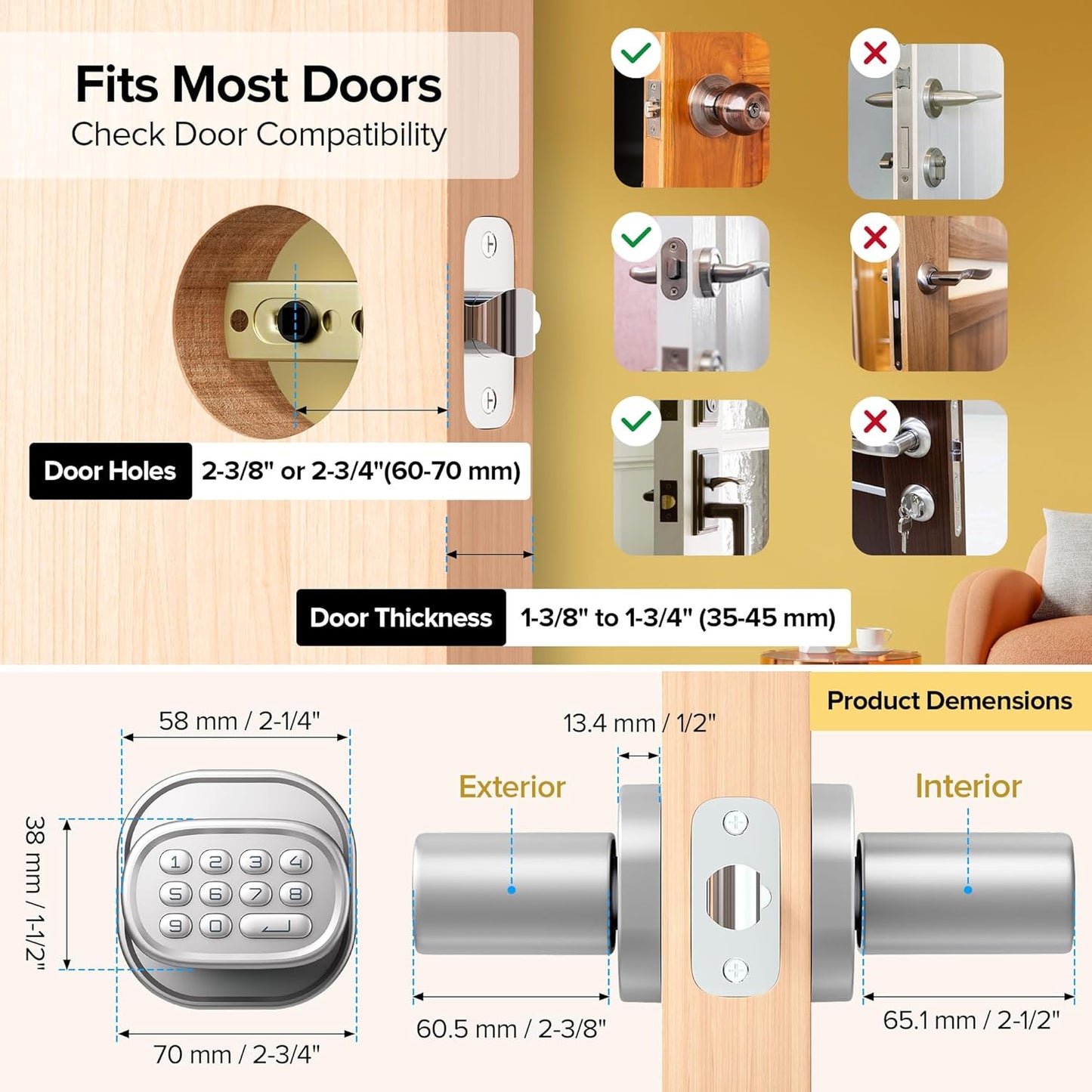 Smart Fingerprint Door Lock with Keypad Knob, HomeKit Compatible, Silver Finish - Ideal for Interior Doors, Bedrooms, Offices