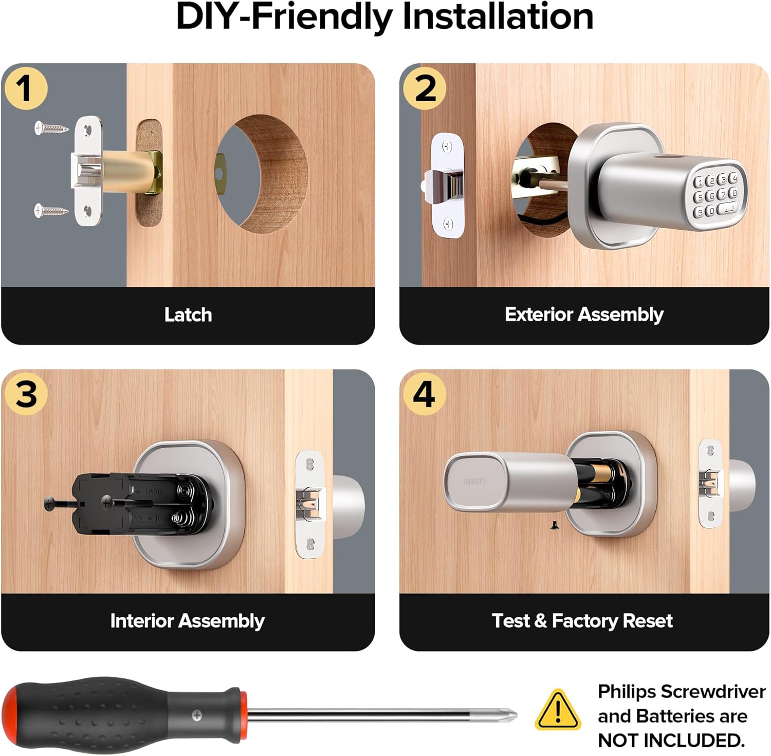 Smart Fingerprint Door Lock with Keypad Knob, HomeKit Compatible, Silver Finish - Ideal for Interior Doors, Bedrooms, Offices