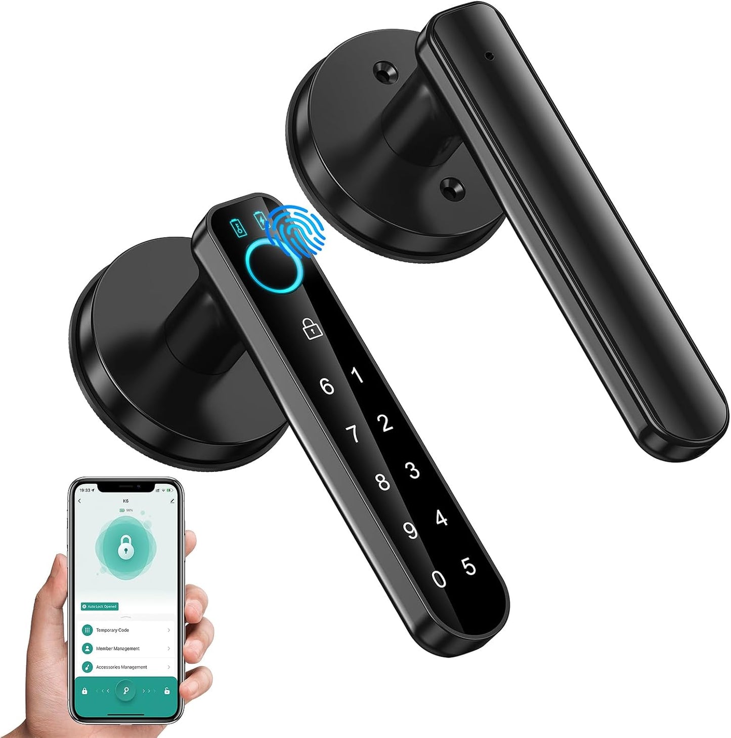 Smart Fingerprint Door Lock with Passcode Keypad - Keyless Entry Handle for Home, Hotel, Office - Black with APP Control