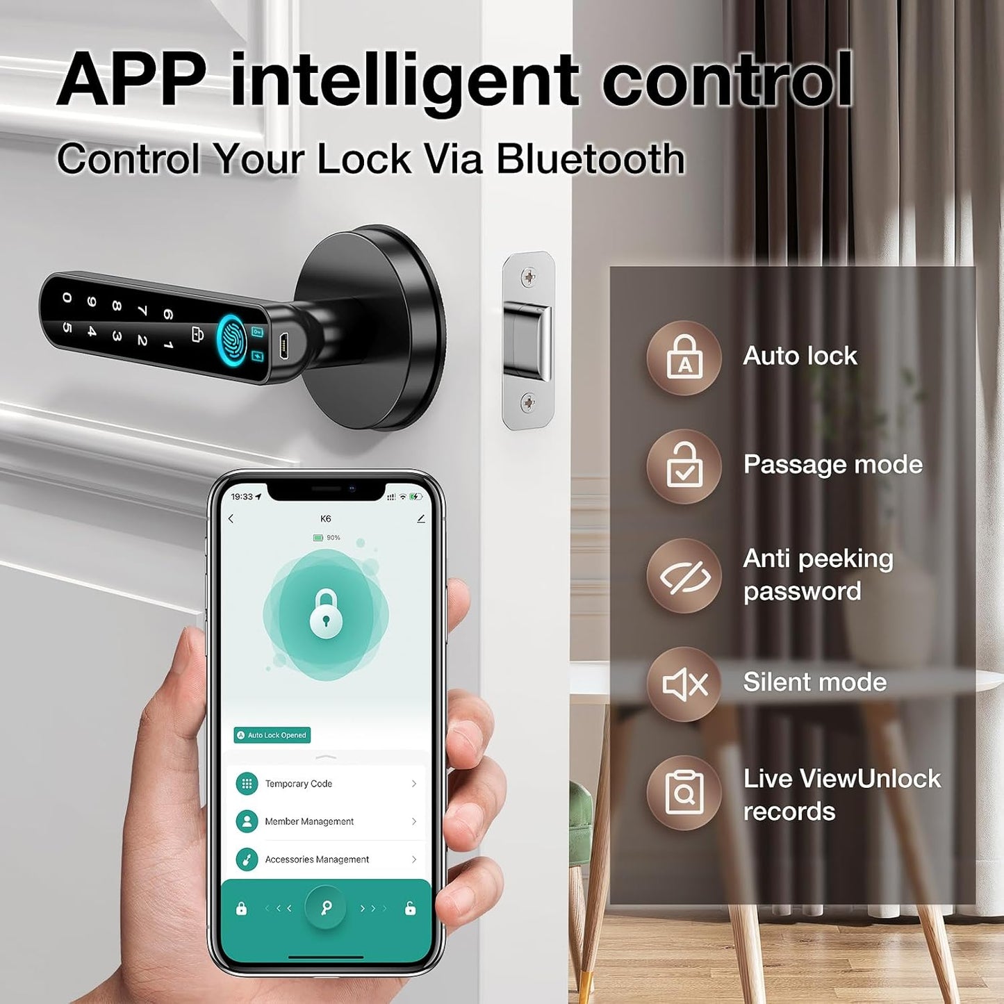Smart Fingerprint Door Lock with Passcode Keypad - Keyless Entry Handle for Home, Hotel, Office - Black with APP Control