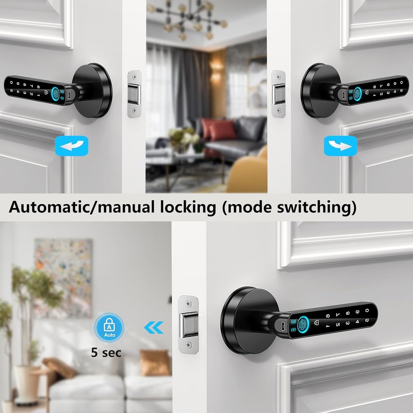 Smart Fingerprint Door Lock with Passcode Keypad - Keyless Entry Handle for Home, Hotel, Office - Black with APP Control