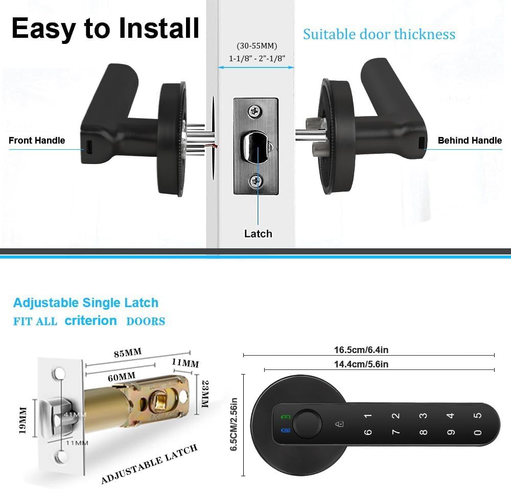 Smart Fingerprint Door Lock with Passcode Keypad - Keyless Entry Handle for Home, Hotel, Office - Black with APP Control