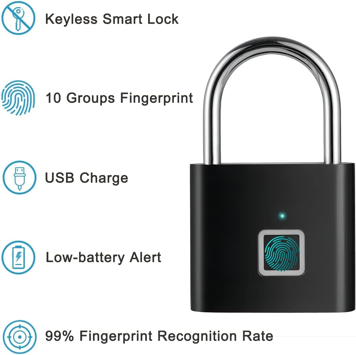 Smart Fingerprint Padlock with USB Rechargeable - Ideal for Gym, School, Sports, and Storage - Black