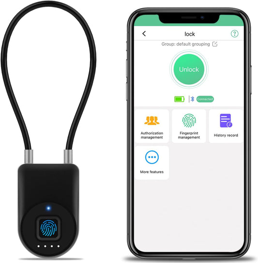 Smart Keyless Biometric Fingerprint Cable Lock for Gates & Fences - Waterproof Bluetooth Outdoor Lock with Long Shackle for Gym & Backyard