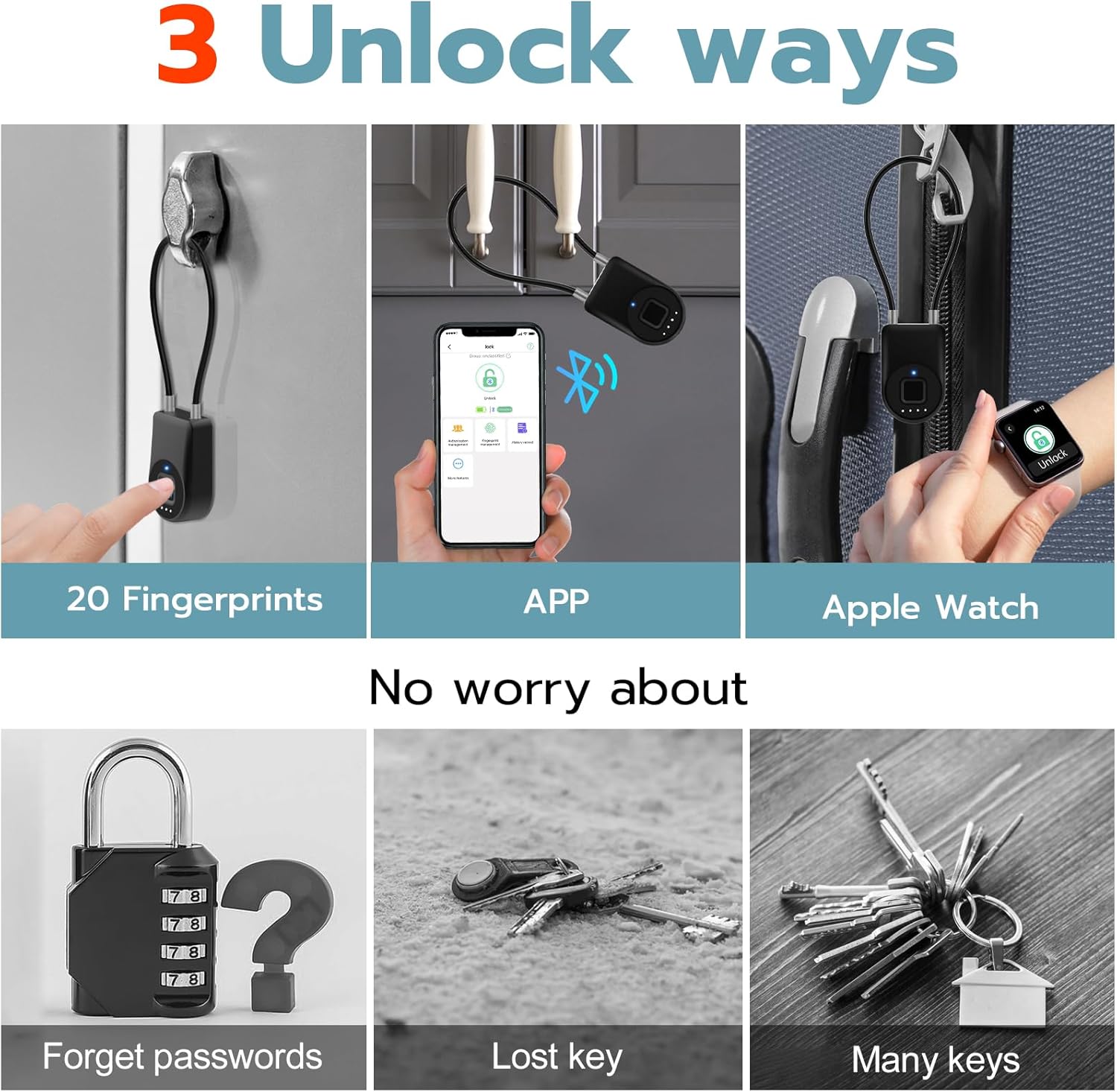 Smart Keyless Biometric Fingerprint Cable Lock for Gates & Fences - Waterproof Bluetooth Outdoor Lock with Long Shackle for Gym & Backyard