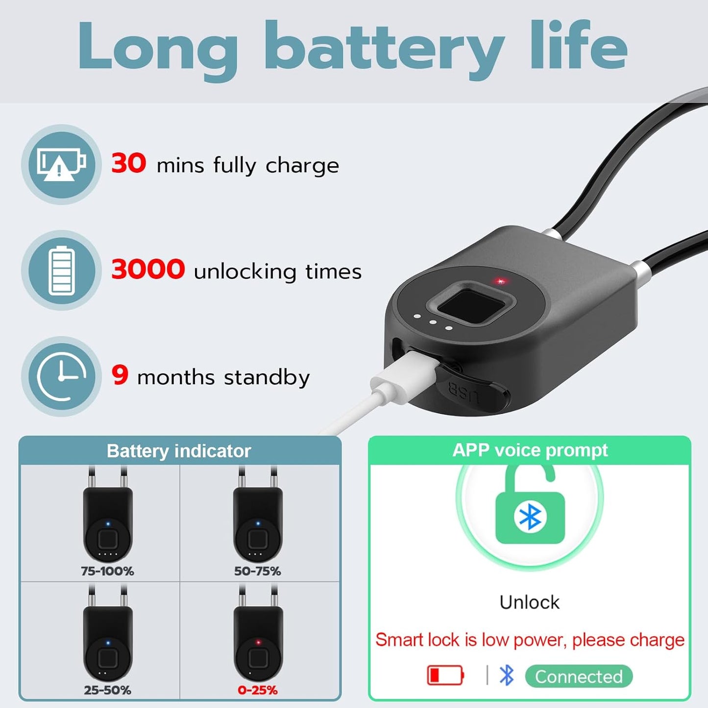 Smart Keyless Biometric Fingerprint Cable Lock for Gates & Fences - Waterproof Bluetooth Outdoor Lock with Long Shackle for Gym & Backyard