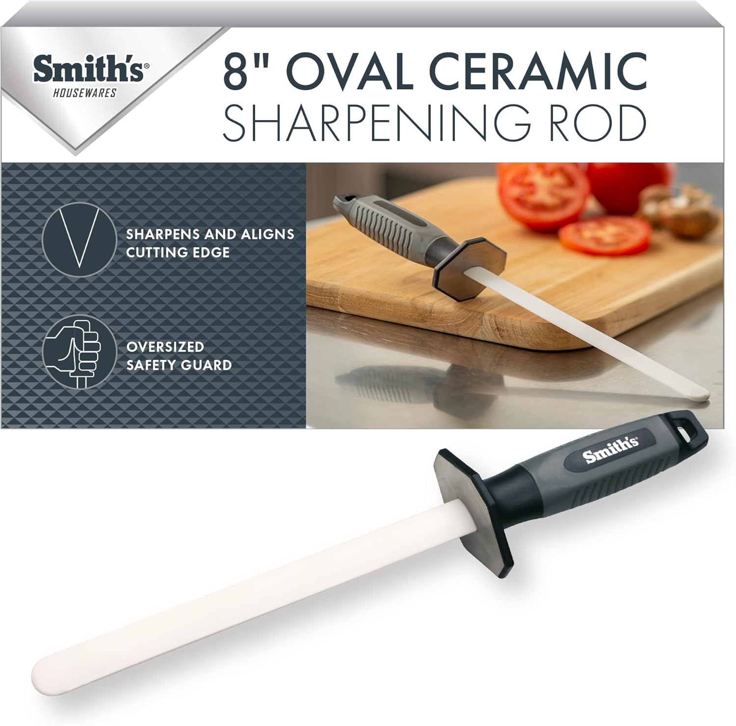 Smith's 51205 8 Inch Oval Ceramic Sharpening Rod with Soft Rubber Handle for Kitchen and Chef Knives - 2-Stage Sharpener for Straight and Serrated Edges - Hone and Realign Knife Edge