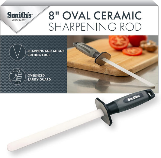 Smith's 51205 8 Inch Oval Ceramic Sharpening Rod with Soft Rubber Handle for Kitchen and Chef Knives - 2-Stage Sharpener for Straight and Serrated Edges - Hone and Realign Knife Edge