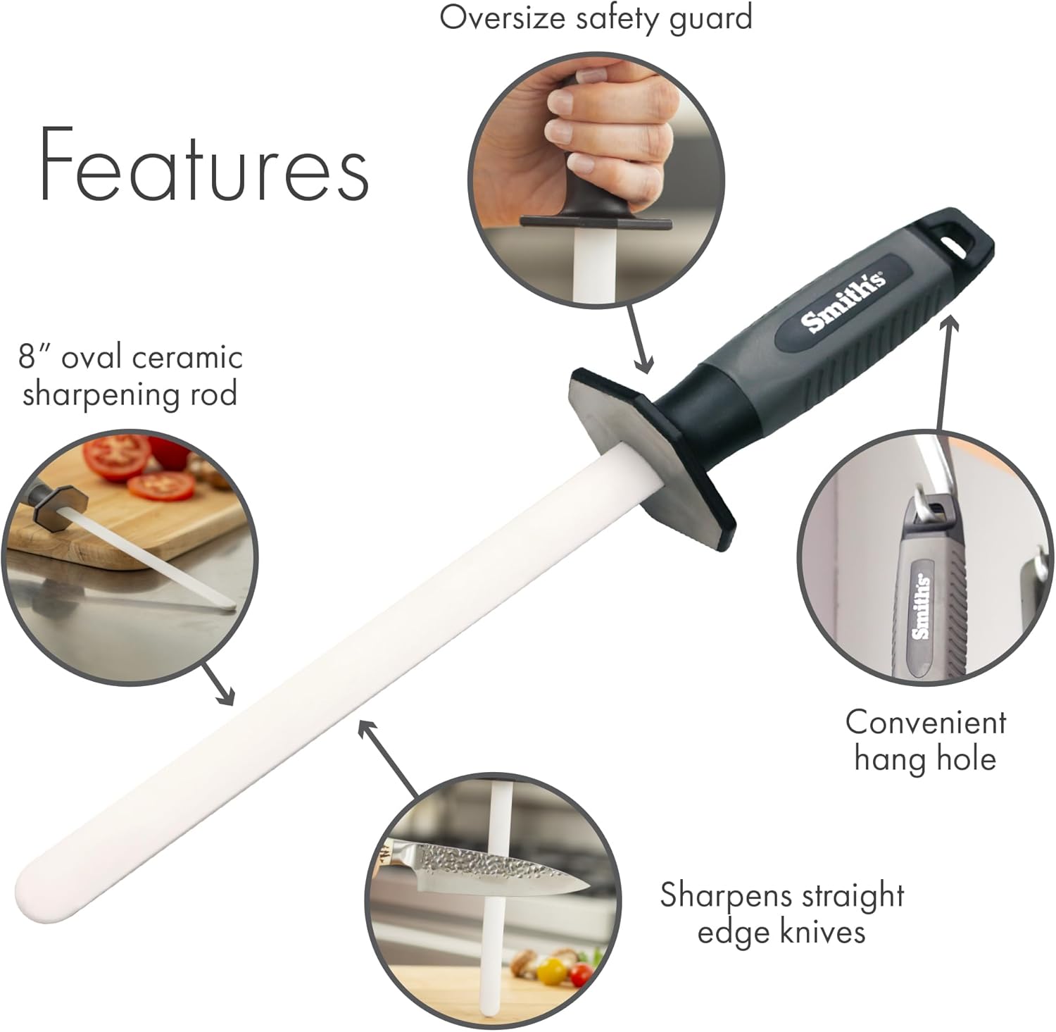 Smith's 51205 8 Inch Oval Ceramic Sharpening Rod with Soft Rubber Handle for Kitchen and Chef Knives - 2-Stage Sharpener for Straight and Serrated Edges - Hone and Realign Knife Edge