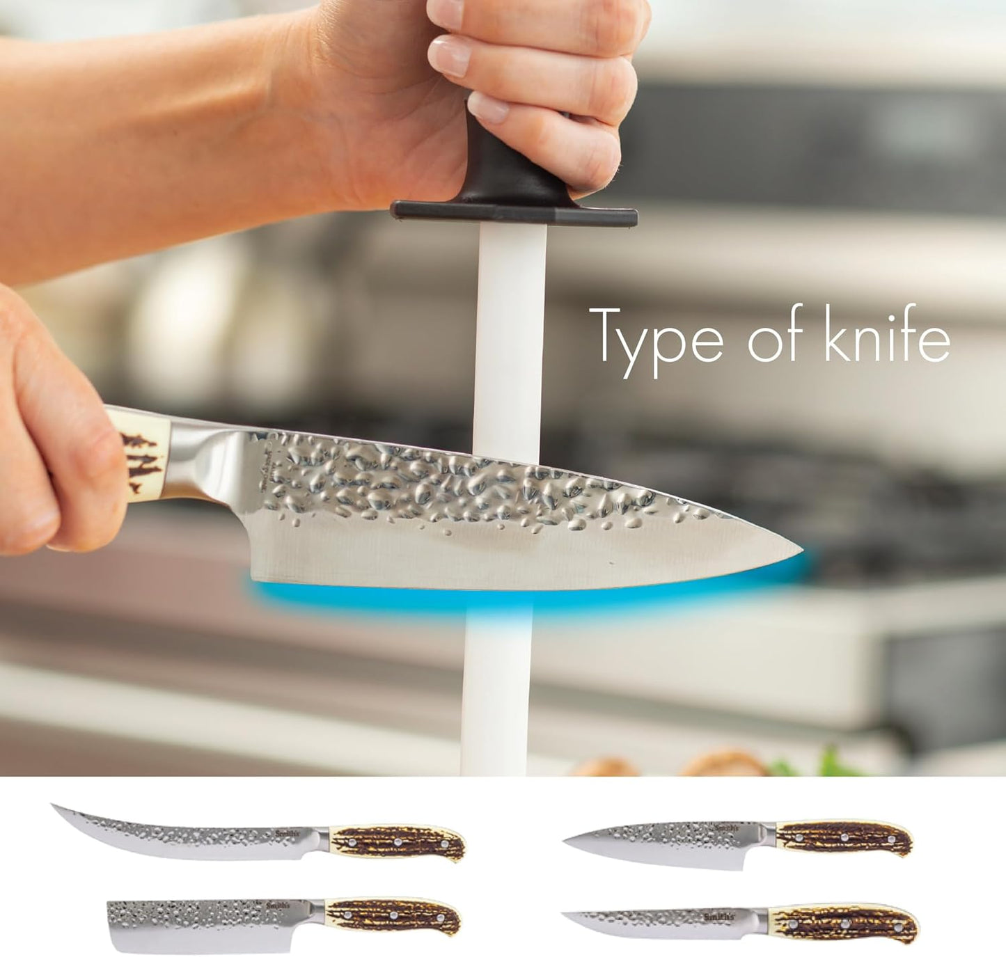 Smith's 51205 8 Inch Oval Ceramic Sharpening Rod with Soft Rubber Handle for Kitchen and Chef Knives - 2-Stage Sharpener for Straight and Serrated Edges - Hone and Realign Knife Edge