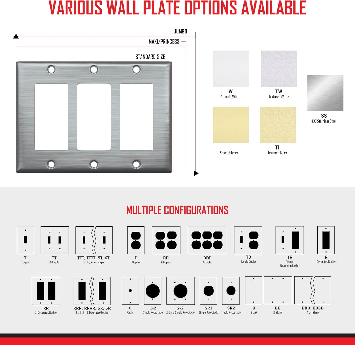 Smooth Metal Maxi Blank Wall Plate in White for 1-Gang Outlets - TayMac WMW-B, Outlet Cover with Screws for Electrical Device