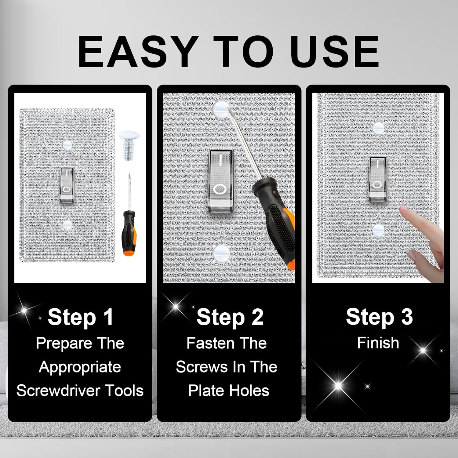 Sparkling Silver Rhinestone Light Switch Cover for Single Toggle Outlet - Decorative Crystal Wall Plate 4.5" x 2.8