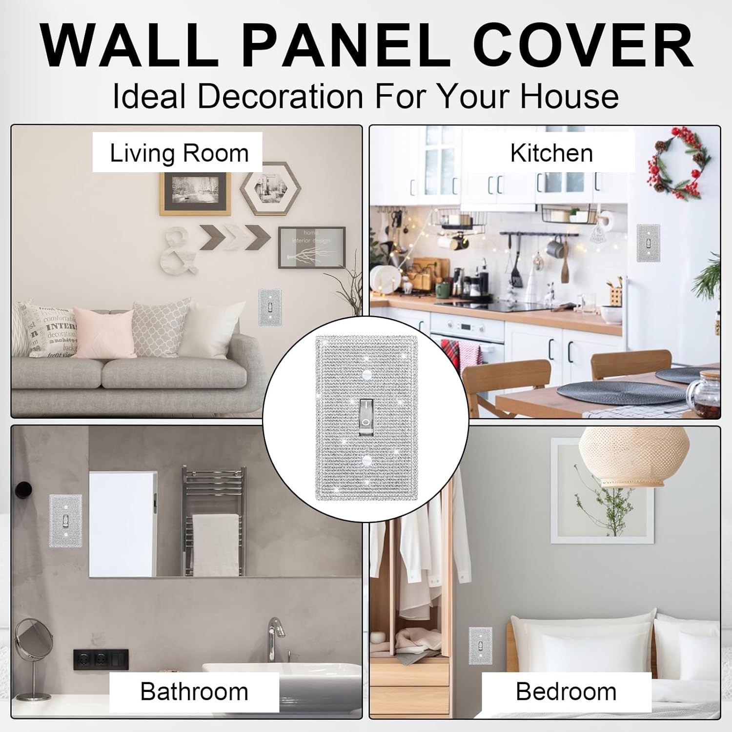 Sparkling Silver Rhinestone Light Switch Cover for Single Toggle Outlet - Decorative Crystal Wall Plate 4.5" x 2.8