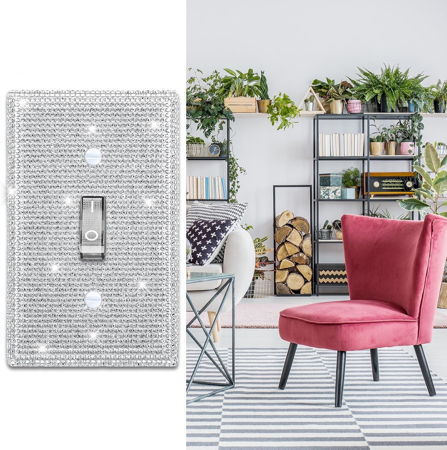 Sparkling Silver Rhinestone Light Switch Cover for Single Toggle Outlet - Decorative Crystal Wall Plate 4.5" x 2.8