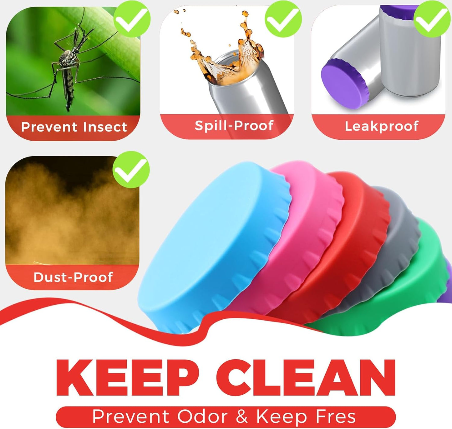 Spill-Proof Silicone Soda Can Lids 6 Pack - Reusable Pop Can Covers for Soda, Beer, Juice - Fits Standard 2.1" Cans