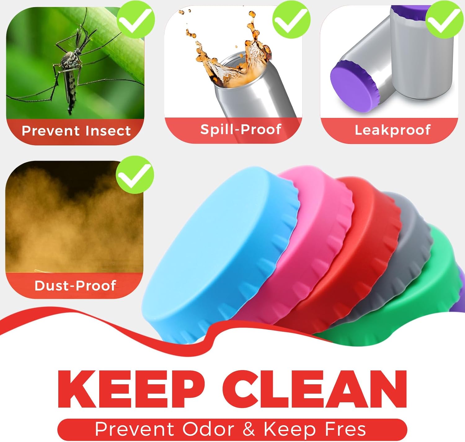 Spill-Proof Silicone Soda Can Lids 6 Pack - Reusable Pop Can Covers for Soda, Beer, Juice - Fits Standard 2.1" Cans
