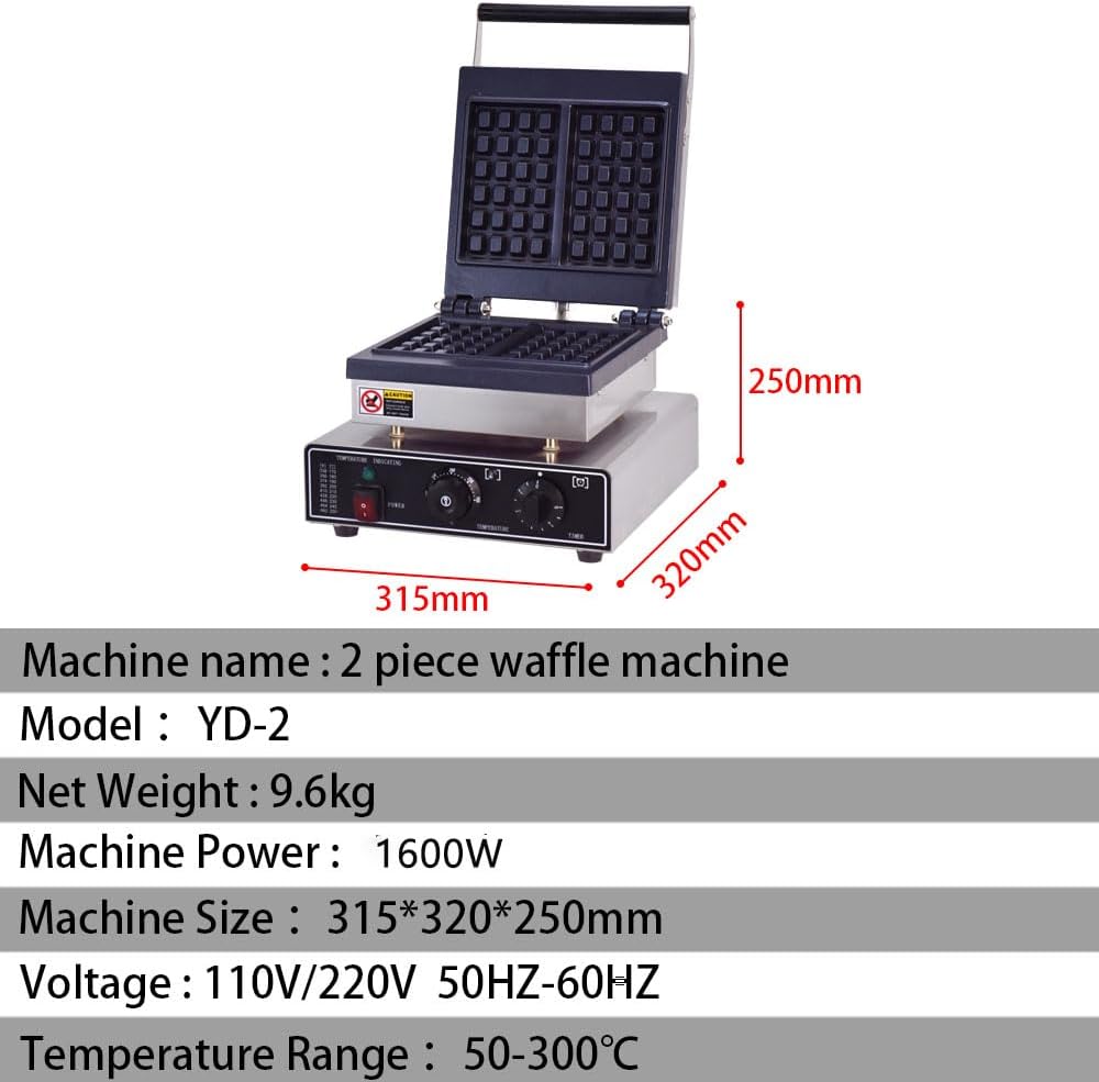 Square Belgian Waffle Maker for Thick Breakfast Waffles, Adjustable Temperature - 1750W - Makes 2 Slices in Minutes