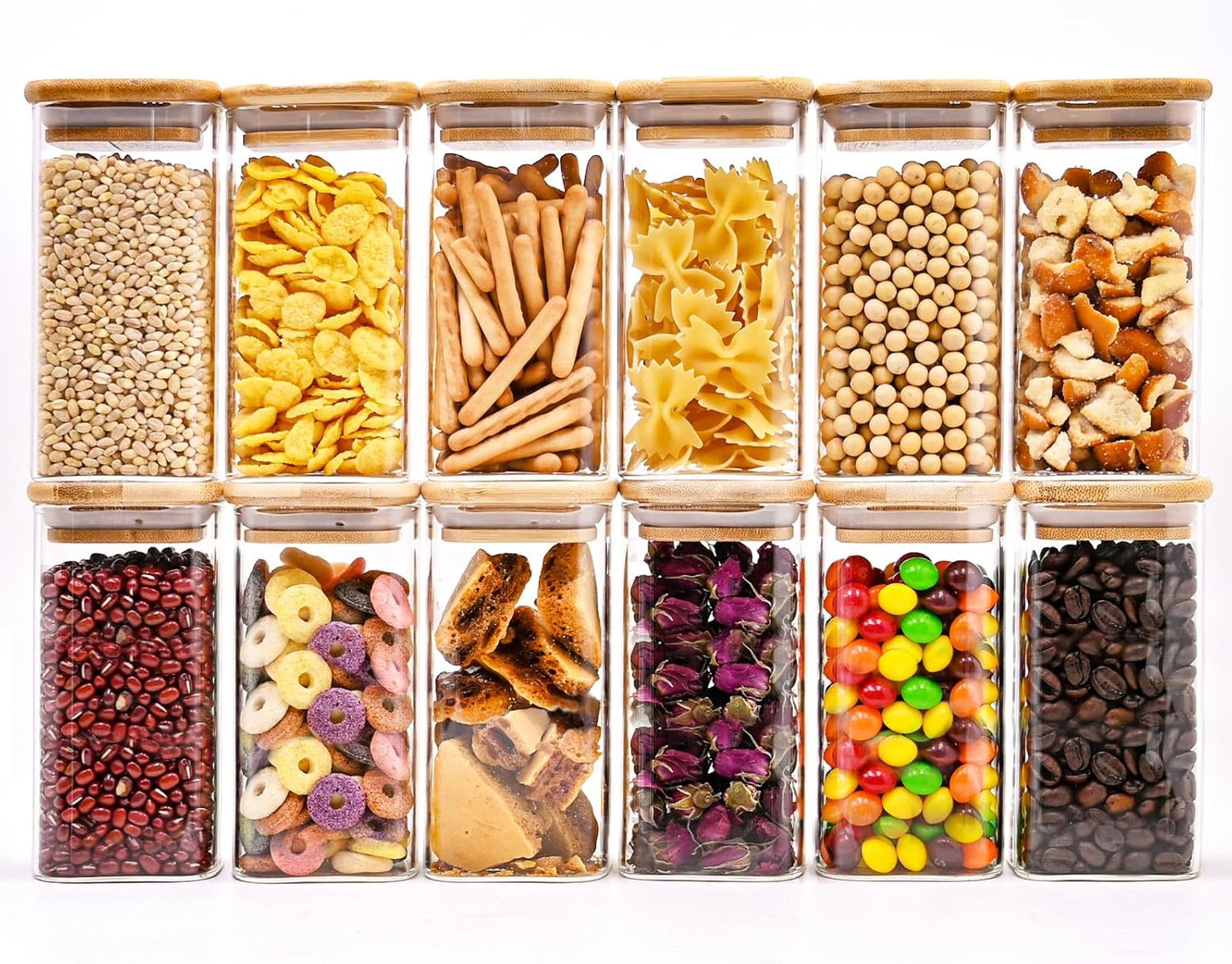 Square Glass Food Storage Jars with Bamboo Lids - 10oz, Set of 12 for Pantry Organization, Kitchen Containers for Spice, Candy, and Cookies