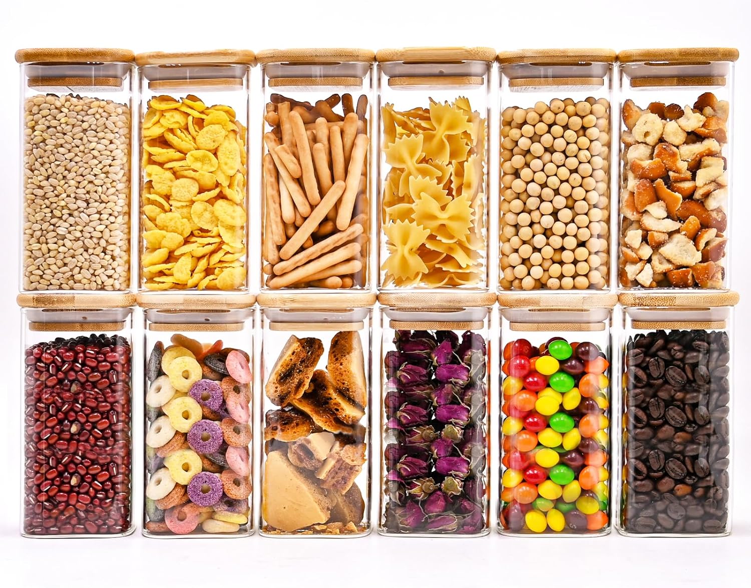 Square Glass Food Storage Jars with Bamboo Lids - 10oz, Set of 12 for Pantry Organization, Kitchen Containers for Spice, Candy, and Cookies