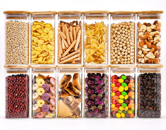 Square Glass Food Storage Jars with Bamboo Lids - 10oz, Set of 12 for Pantry Organization, Kitchen Containers for Spice, Candy, and Cookies
