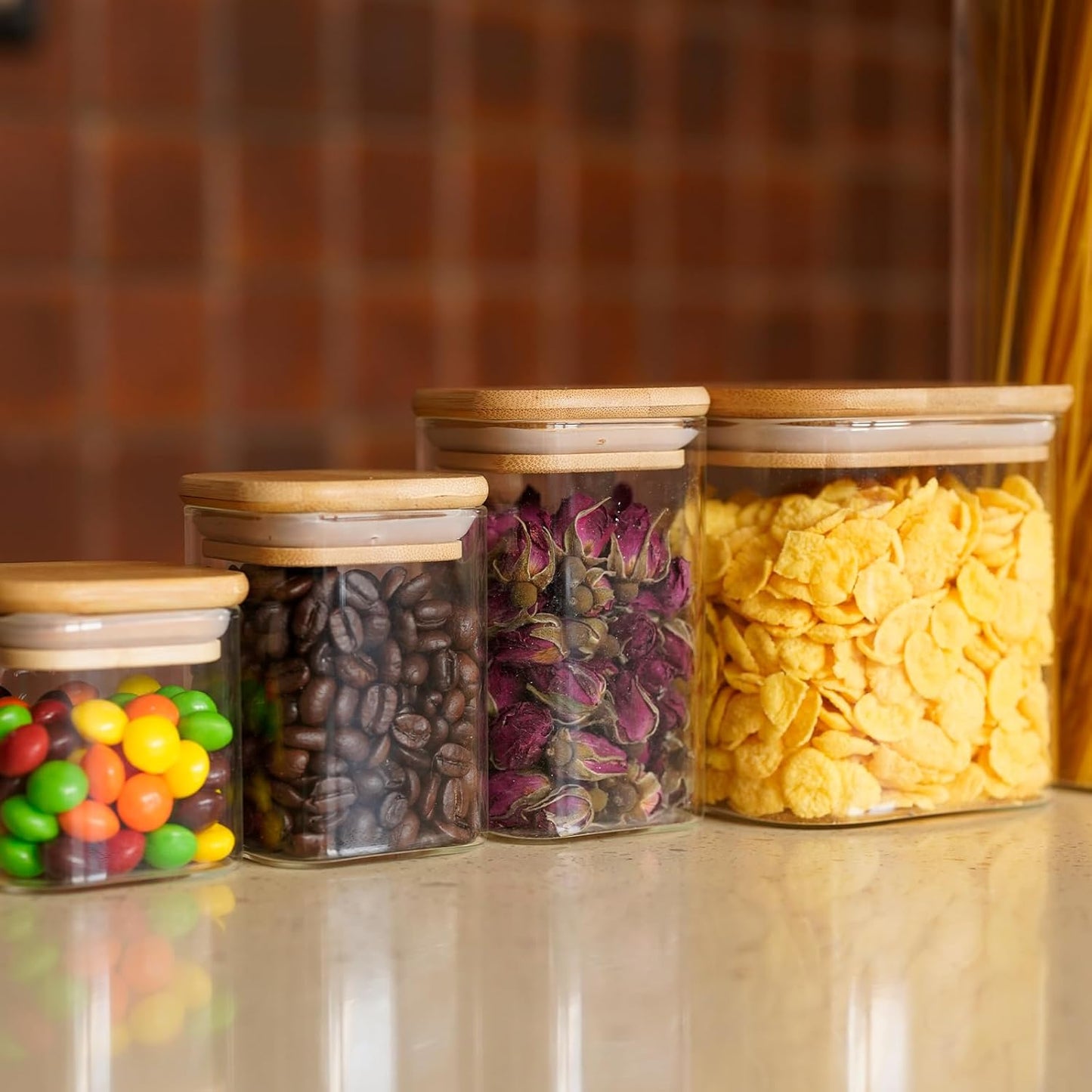 Square Glass Food Storage Jars with Bamboo Lids - 10oz, Set of 12 for Pantry Organization, Kitchen Containers for Spice, Candy, and Cookies