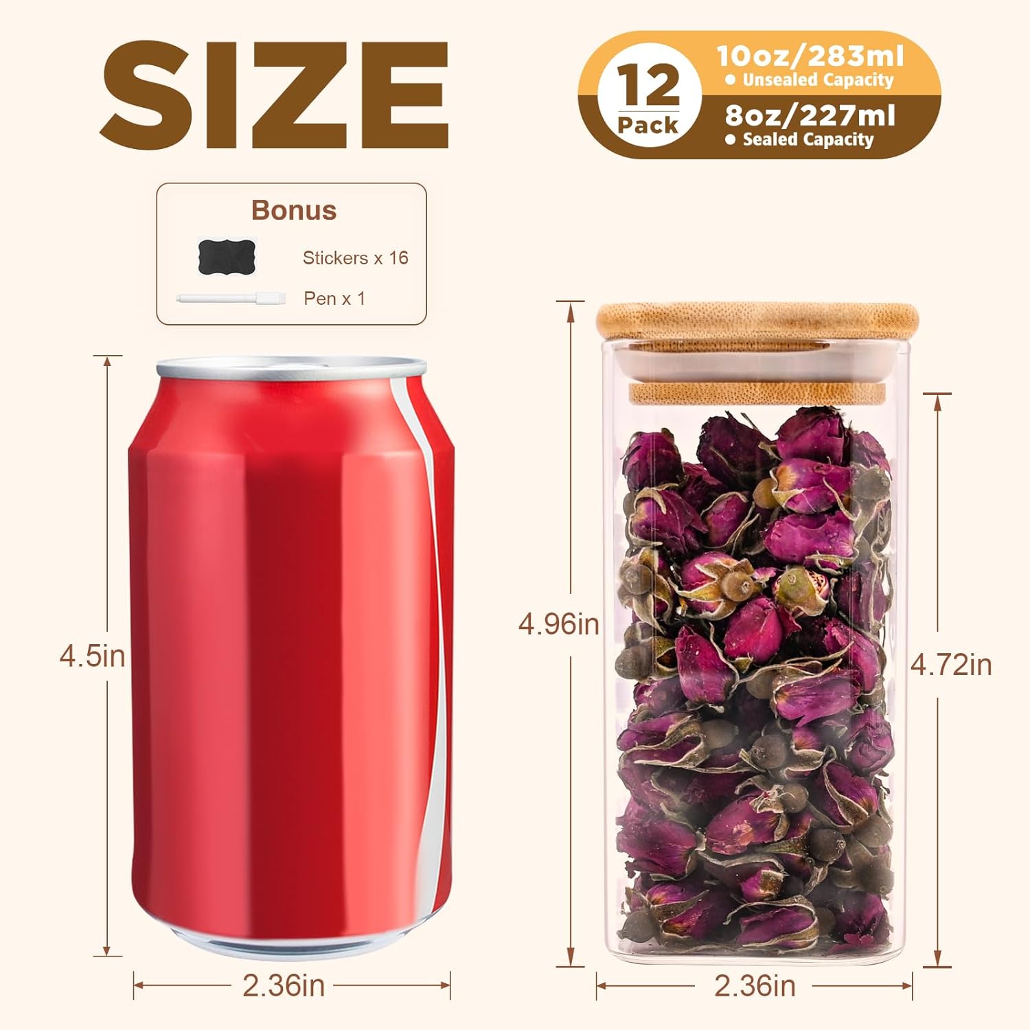 Square Glass Food Storage Jars with Bamboo Lids - 10oz, Set of 12 for Pantry Organization, Kitchen Containers for Spice, Candy, and Cookies