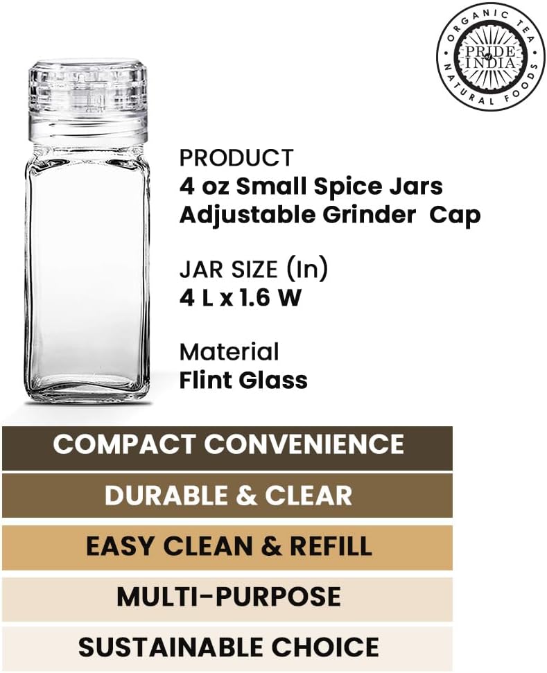 Square Glass Spice Jar with Adjustable Grinder Cap - 4 oz Capacity - BPA Free & Dishwasher Safe - Ideal for Pepper, Salt, Herbs & More - Pride of India Brand - Hand Packed in USA