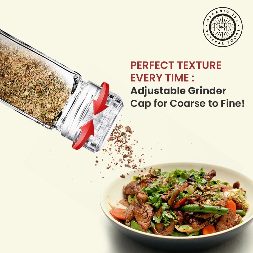 Square Glass Spice Jar with Adjustable Grinder Cap - 4 oz Capacity - BPA Free & Dishwasher Safe - Ideal for Pepper, Salt, Herbs & More - Pride of India Brand - Hand Packed in USA