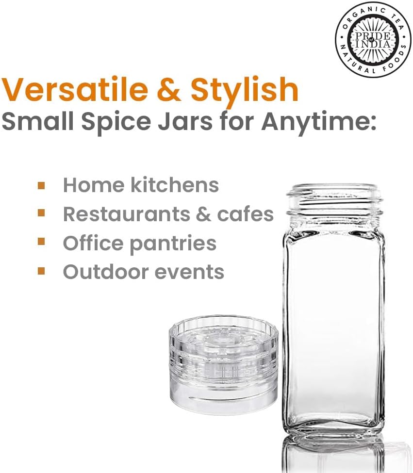 Square Glass Spice Jar with Adjustable Grinder Cap - 4 oz Capacity - BPA Free & Dishwasher Safe - Ideal for Pepper, Salt, Herbs & More - Pride of India Brand - Hand Packed in USA