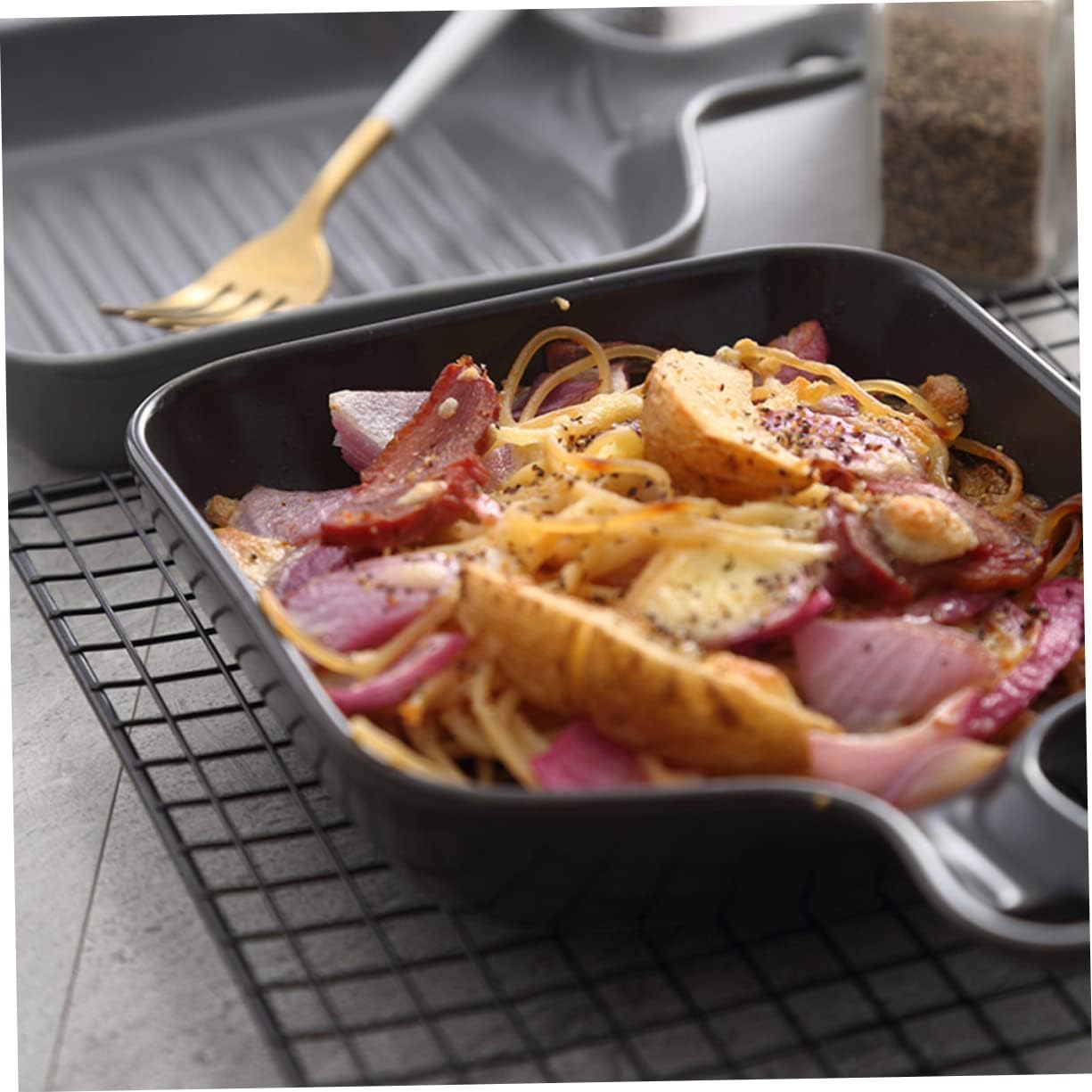 Square Grill Plate Air Fryer Tray with Lid for Oven - Large Casserole Dish Set - Stove and Oven Safe Serving Platter - Roasting and Lasagna Pan - Black Fryer Tray