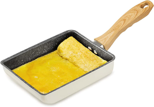 Square Nonstick Tamagoyaki Pan for Japanese Omelette - Rectangle Frying Pan with Wood Handle in White Color