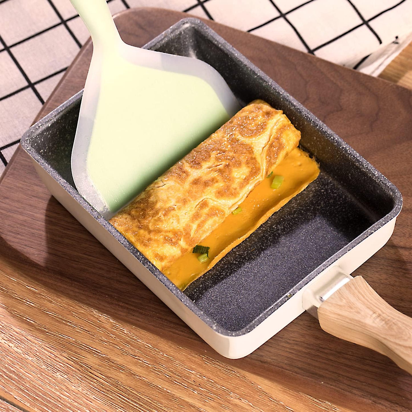 Square Nonstick Tamagoyaki Pan for Japanese Omelette - Rectangle Frying Pan with Wood Handle in White Color