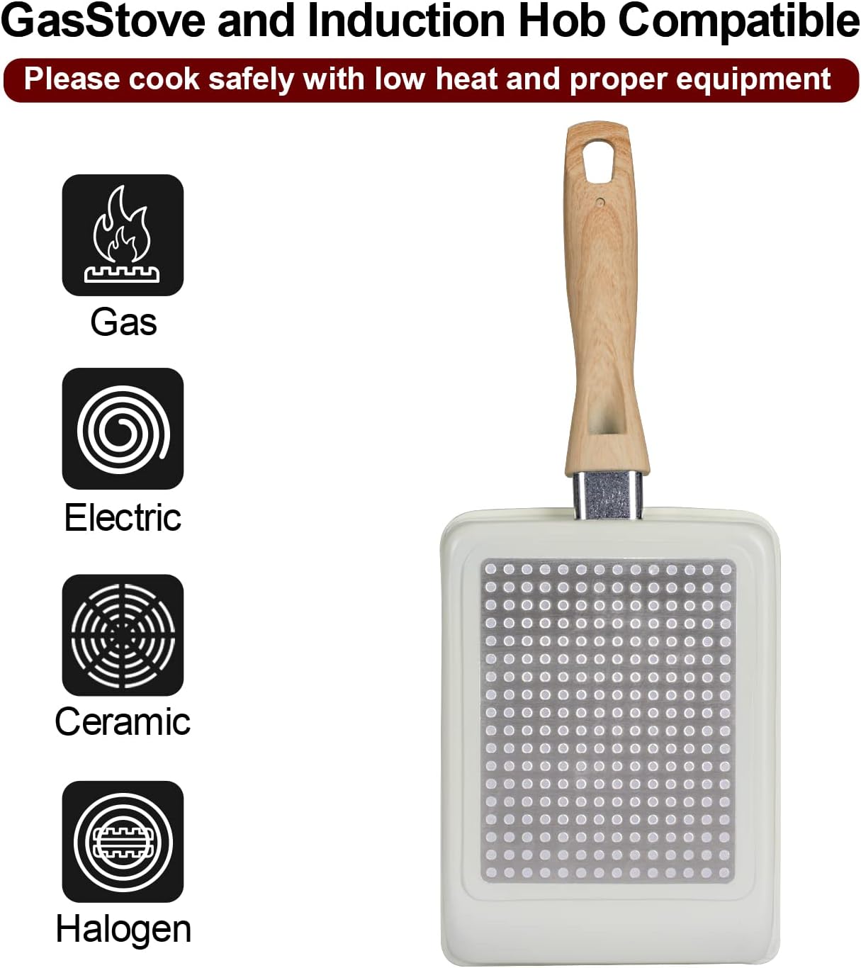 Square Nonstick Tamagoyaki Pan for Japanese Omelette - Rectangle Frying Pan with Wood Handle in White Color