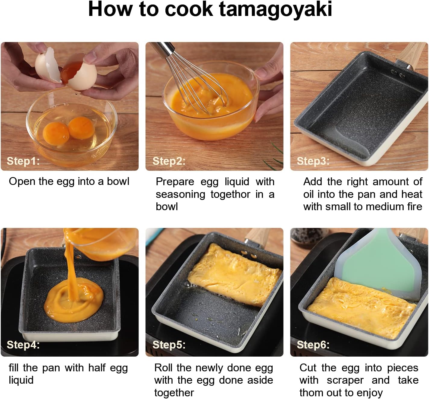 Square Nonstick Tamagoyaki Pan for Japanese Omelette - Rectangle Frying Pan with Wood Handle in White Color