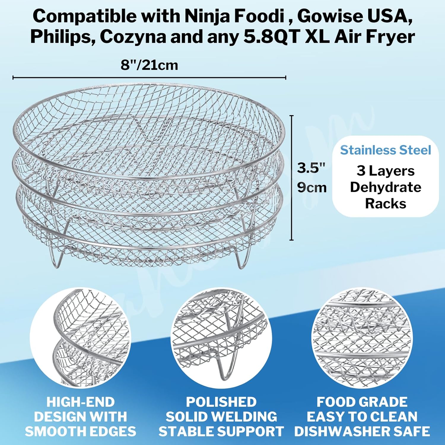 Stackable Dehydrator Racks for Air Fryers - 304 Stainless Steel Grill Rack Compatible with Ninja, Instant Pot Vortex, COSORI, CHEFMAN - Fits 4.2-5.8 QT Air Fryer