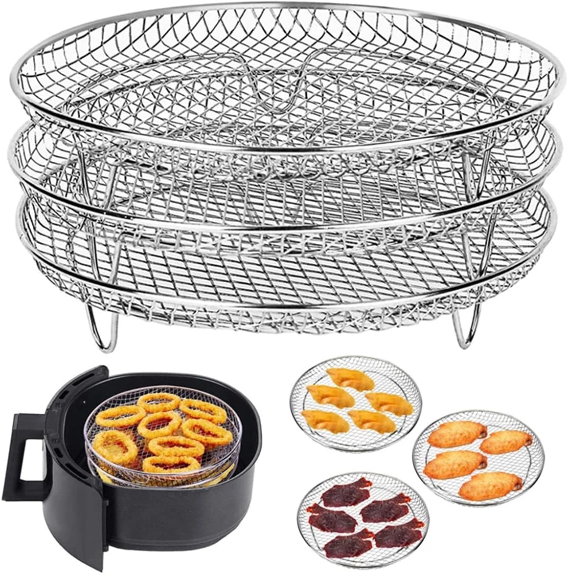 Stackable Stainless Steel Air Fryer Racks for 4.2-5.8QT Ovens - Three Layer Dehydrator Tray, Basket, and Grilling Rack by PoDhey
