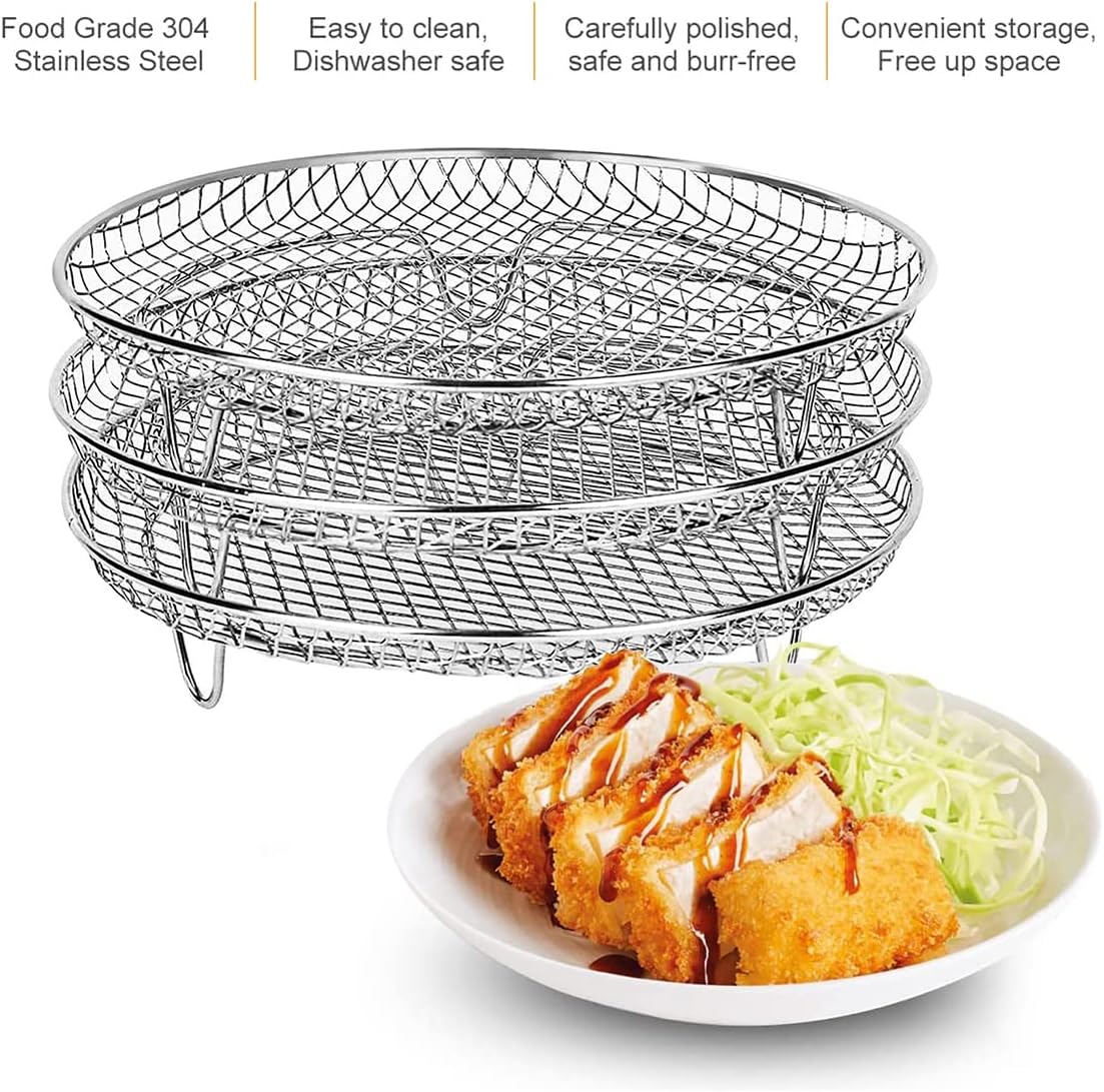 Stackable Stainless Steel Air Fryer Racks for 4.2-5.8QT Ovens - Three Layer Dehydrator Tray, Basket, and Grilling Rack by PoDhey