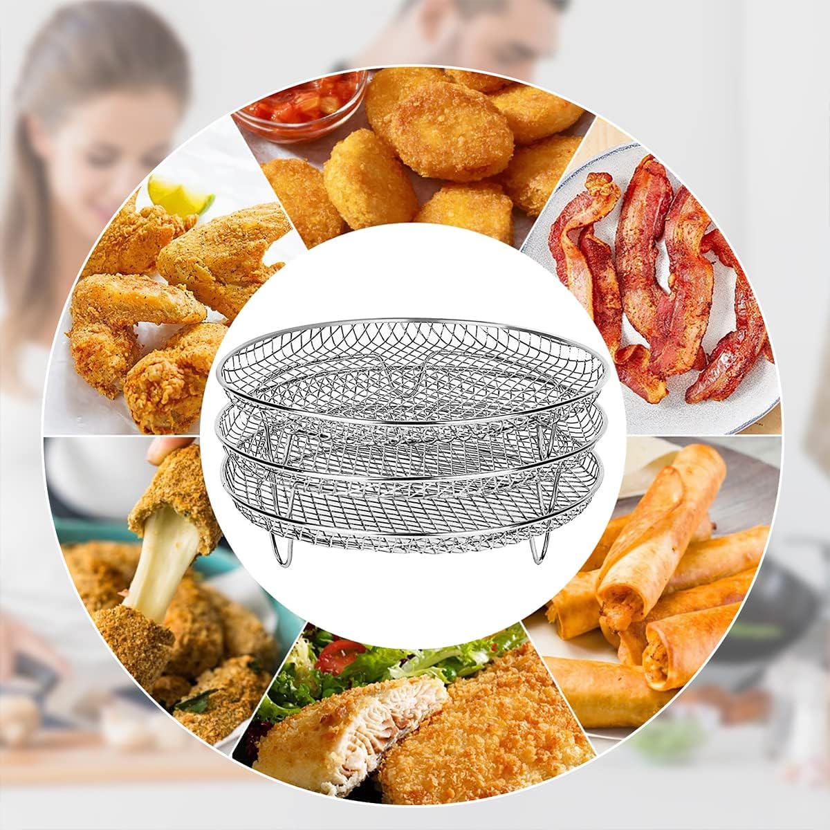 Stackable Stainless Steel Air Fryer Racks for 4.2-5.8QT Ovens - Three Layer Dehydrator Tray, Basket, and Grilling Rack by PoDhey