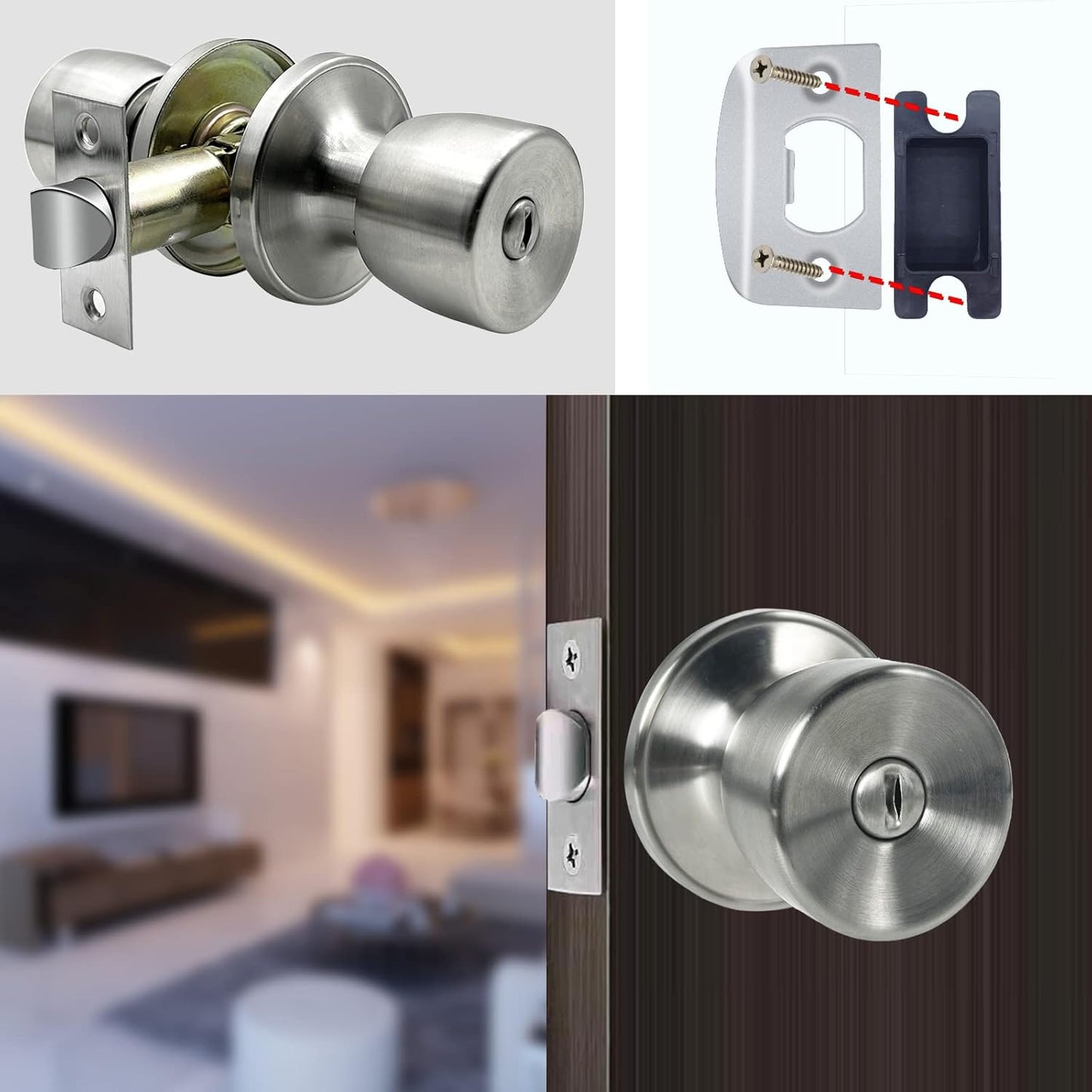 Stainless Keyless Privacy Locking Door Knob for Bedroom and Bathroom - Satin Nickel Ball Passage Door Knob